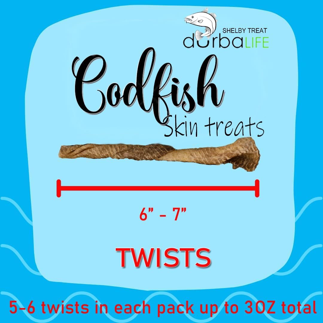 6 Twisted Cod Skin Dog Treats (about 5-6" each) | Air-Dried with Single Ingredient up to 3oz